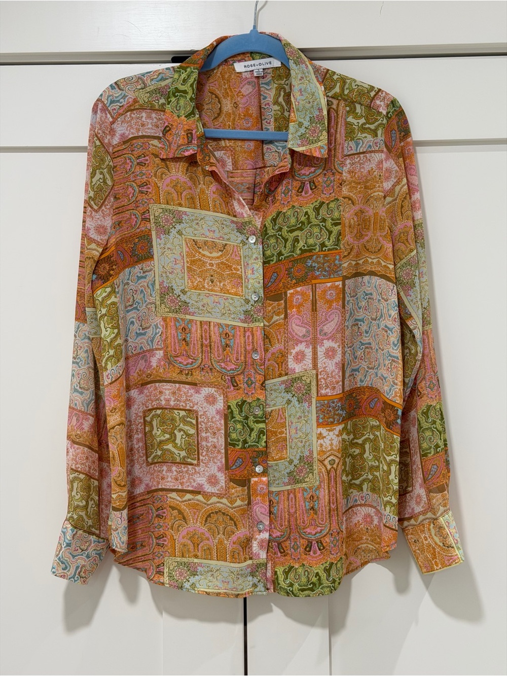 Rose + Olive Patchwork Paisley Button Down Blouse Size L Boho Multicolor